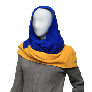 HOODED WOOL MUFFLER OCEAN BLUE & SUNSET GOLD